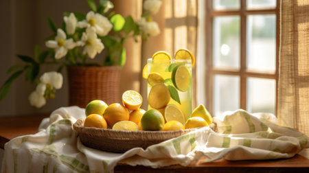 Fresh lemonade and lime fruit slices on a tablecloth near beautiful rural cottage kitchen window with natural sunshine, old rustic wooden table, organic homegrown - Ai generatedの素材