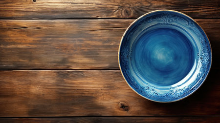 Handcrafted cobalt blue ceramic dinner plate on old wooden table, isolated minimalism, simplistic, top down view - Ai generatedの素材
