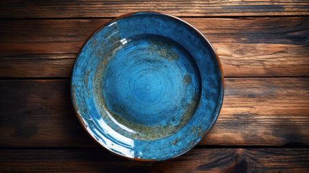 Handcrafted cobalt blue ceramic dinner plate on old wooden table, isolated minimalism, simplistic, top down view - Ai generatedの素材