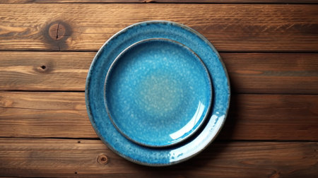 Handcrafted cobalt blue ceramic dinner plate on old wooden table, isolated minimalism, simplistic, top down view - Ai generatedの素材