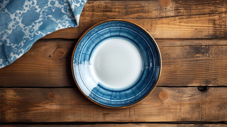Handcrafted cobalt blue ceramic dinner plate on old wooden table with tablecloth, isolated minimalism, simplistic, top down view - Ai generatedの素材