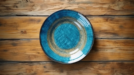 Handcrafted cobalt blue ceramic dinner plate on old wooden table, isolated minimalism, simplistic, top down view - Ai generatedの素材