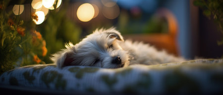 Adorable friendly dog peacefully sleeping under the stars at his home backyard garden lawn, quiet night of relaxing dreams and rest, closeup portrait bokeh blur - Ai generatedの素材