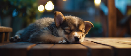Adorable friendly dog peacefully sleeping under the stars at his home backyard garden lawn, quiet night of relaxing dreams and rest, closeup portrait bokeh blur - Ai generatedの素材