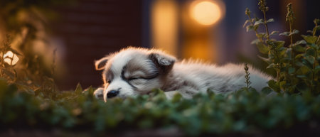 Adorable friendly dog peacefully sleeping under the stars at his home backyard garden lawn, quiet night of relaxing dreams and rest, closeup portrait bokeh blur - Ai generatedの素材