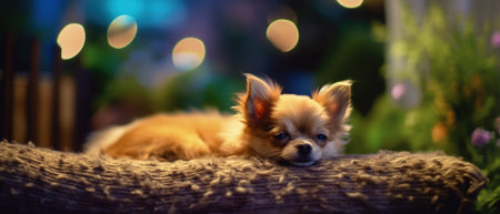 Adorable friendly dog peacefully sleeping under the stars at his home backyard garden lawn, quiet night of relaxing dreams and rest, closeup portrait bokeh blur - Ai generatedの素材