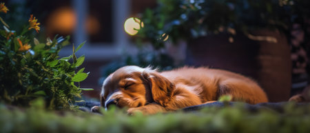 Adorable friendly dog peacefully sleeping under the stars at his home backyard garden lawn, quiet night of relaxing dreams and rest, closeup portrait bokeh blur - Ai generatedの素材