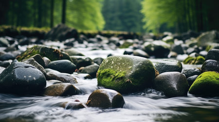 Crystal clear flowing mountain river stream, slippery moss covered rocks and boulders, unspoiled and clean nature's beauty, lush green spring forest vegetation, hiking blissの素材