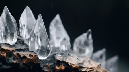 Clear quartz like crystal cluster points, brilliant translucent clarity, faceted light shine, crystalline mineral embedded into rockの素材