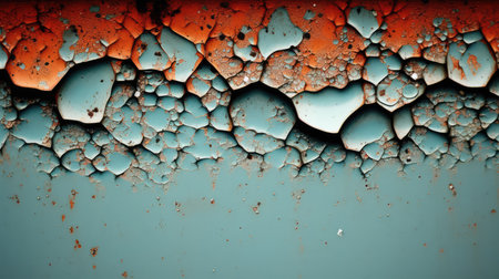 abstract background of blue and orange paint on a metal surface.の素材