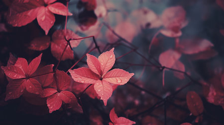 Red leaves of wild grapes in the autumn forest, vintage retro styleの素材