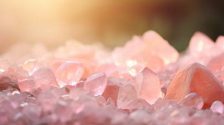 Close-up of pink quartz crystals on a pink salt background.の素材