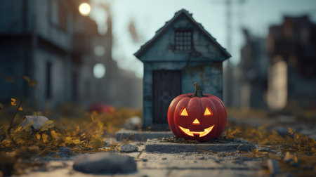 Halloween jack-o-lantern carved pumpkin head to frighten people, abandoned haunted houses in silent village, scary night, evil creepy face, candle lit illuminatedの素材