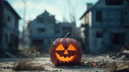 Halloween jack-o-lantern carved pumpkin head to frighten people, abandoned haunted houses in silent village, scary night, evil creepy face, candle lit illuminatedの素材