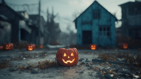 Halloween jack-o-lantern carved pumpkin head to frighten people, abandoned haunted houses in silent village, scary night, evil creepy face, candle lit illuminatedの素材
