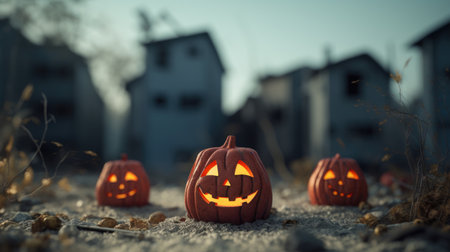 Halloween jack-o-lantern carved pumpkin head to frighten people, abandoned haunted houses in silent village, scary night, evil creepy face, candle lit illuminatedの素材
