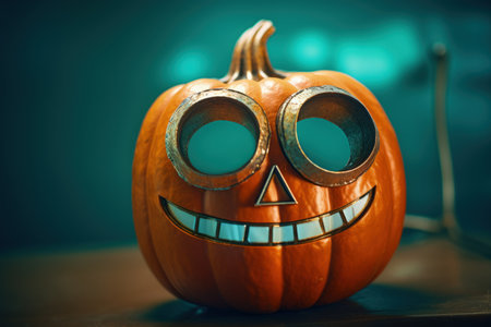 Odd junkyard scrap metal halloween mask in the shape of a Jack-o-Lantern pumpkin, welded and cut metal painted bright orange with turquoise green minimal backgroundの素材