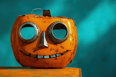 Odd junkyard scrap metal halloween mask in the shape of a Jack-o-Lantern pumpkin, welded and cut metal painted bright orange with turquoise green minimal backgroundの素材