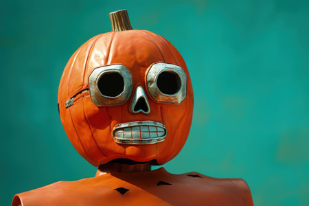 Odd junkyard scrap metal halloween mask in the shape of a Jack-o-Lantern pumpkin, welded and cut metal painted bright orange with turquoise green minimal backgroundの素材