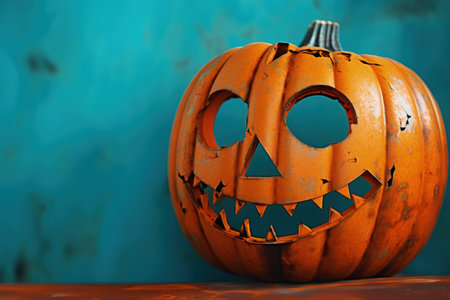 Odd junkyard scrap metal halloween mask in the shape of a Jack-o-Lantern pumpkin, welded and cut metal painted bright orange with turquoise green minimal backgroundの素材