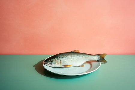 Trout fish on a dinner plate, minimal concept representing high cost of living, struggling to put meager food on table, affordability increase, no luxuries with high inflationの素材