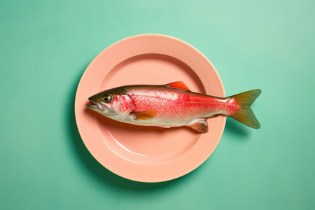 Trout fish on a dinner plate, minimal concept representing high cost of living, struggling to put meager food on table, affordability increase, no luxuries with high inflationの素材