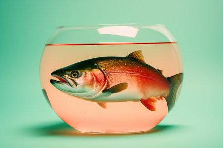 Large trout fish trapped in a small glass fishbowl - Representing tight living space, no breathing room, rising cost of living, no way out, minimal backgroundの素材