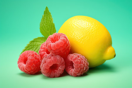Yellow lemon and raspberry fruit with mint leaves on a green background, minimal food concept 
close-upの素材