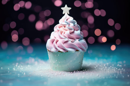 Ice cream Christmas tree with a star on top and dipping dots and sprinkle toppings, minimal black bokeh sparkle color backgroundの素材