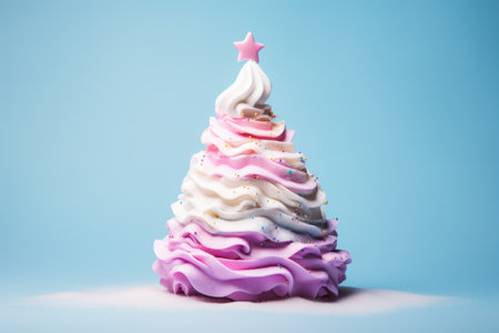 Ice cream Christmas tree with a star on top and dipping dots and sprinkle toppings, minimal blue color backgroundの素材