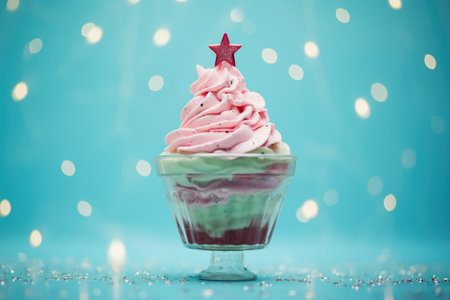 Ice cream Christmas tree with a star on top and dipping dots and sprinkle toppings, minimal blue bokeh sparkle color backgroundの素材