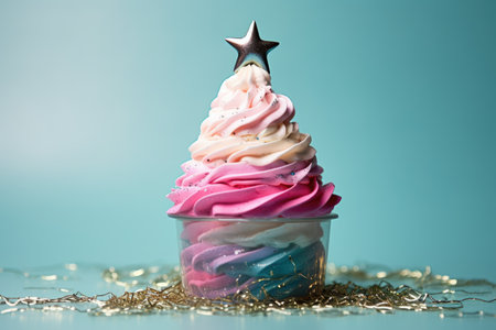 Ice cream Christmas tree with a star on top and dipping dots and sprinkle toppings, minimal blue bokeh sparkle color backgroundの素材