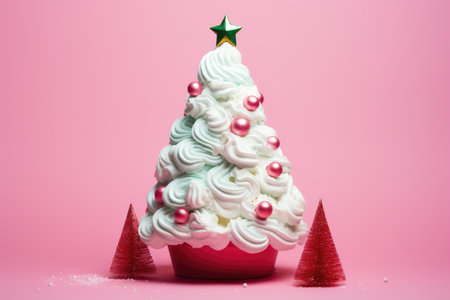 Christmas tree made from fluffy whipped meringue cream, sprinkled with dipping dots on a minimal pink color backgroundの素材