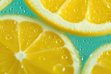 Lemon slices with water drops on blue background. Close up.の素材