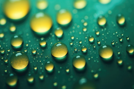 Water drops on green metallic surface. Abstract background of water drops.の素材