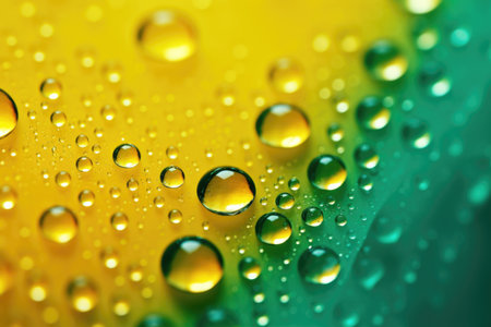 Water drops on a green and yellow background. Shallow DOFの素材