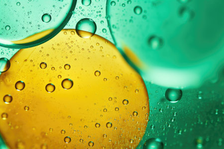 Water drops on the glass with yellow and green color. Abstract backgroundの素材