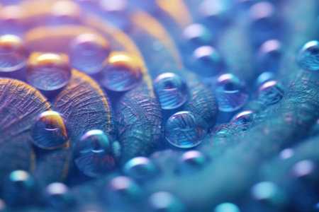 Macro closeup of water droplets on colorful abstract background.の素材