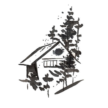 House. An illustration drawn in ink. Japanese painting.の写真素材