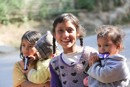 Nagarkot, Nepal - Nepalese kids in Nagarkot hill on April 17, 2014のeditorial素材