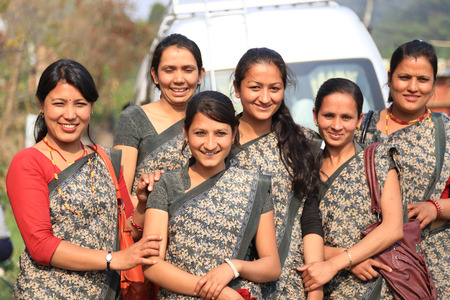 Nagarkot, Nepal - Nepalese teachers in nepalese teacher's uniform in Nagarkot hill on April 17, 2014のeditorial素材