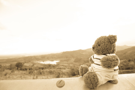 Teddy bear doll sit on steel bar with landscape and cloud scape