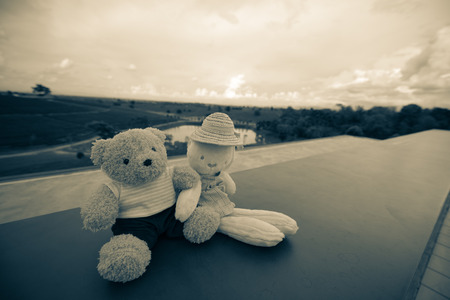 Teddy bear doll with natre landscapeの写真素材
