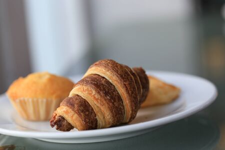 Croissant and Danish, the famous yummy, tasty bakery for breakfast or afternoon tea assorted breakの写真素材
