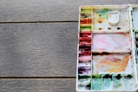 Watercolor brushes and color tray for art and paint. Watercolor Artist equipment for artworkの写真素材