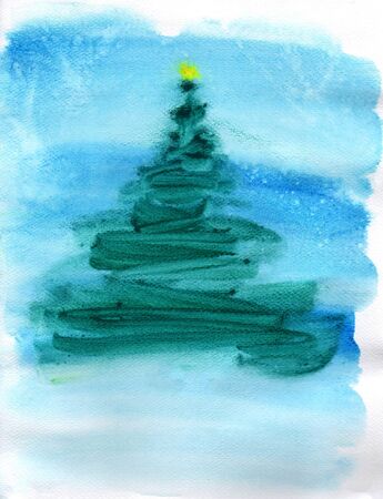 Christmas tree watercolor hand painting on blue sky, night scene with light decoration. Merry Christmas greeting card for seasonal in winter. Green pine tree for X'mas festival. Illustrationの写真素材