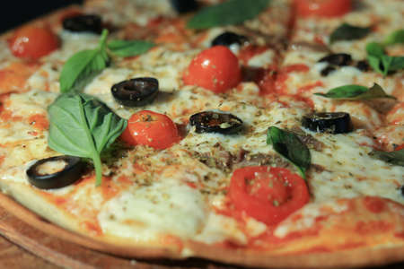 Anchovy think yummy pizza, Italian famous dish with salty fish, black olive, red cherry tomoto, permesan cheese and origano as ingredientの写真素材