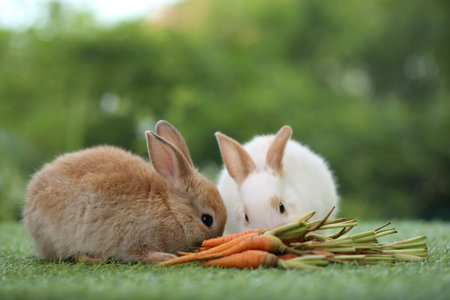 Cute little rabbit on green grass with natural bokeh as background during spring. Young adorable bunny playing in garden. Lovely pet at park with baby carrot as food.の写真素材