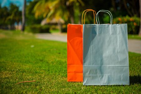 Gray and orange paper bag on a background of green grass, sky and plants.の写真素材