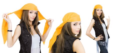 Happy girl demonstrates the options for using a neckerchief like a headdress. 3 in 1の写真素材